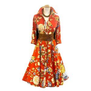 Le Boudoir Rome Orange Midi Dress A-Line Buttoned Notched Collar Chic Small